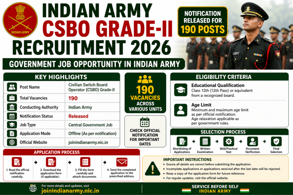 Indian Army CSBO Grade-II Recruitment 2026